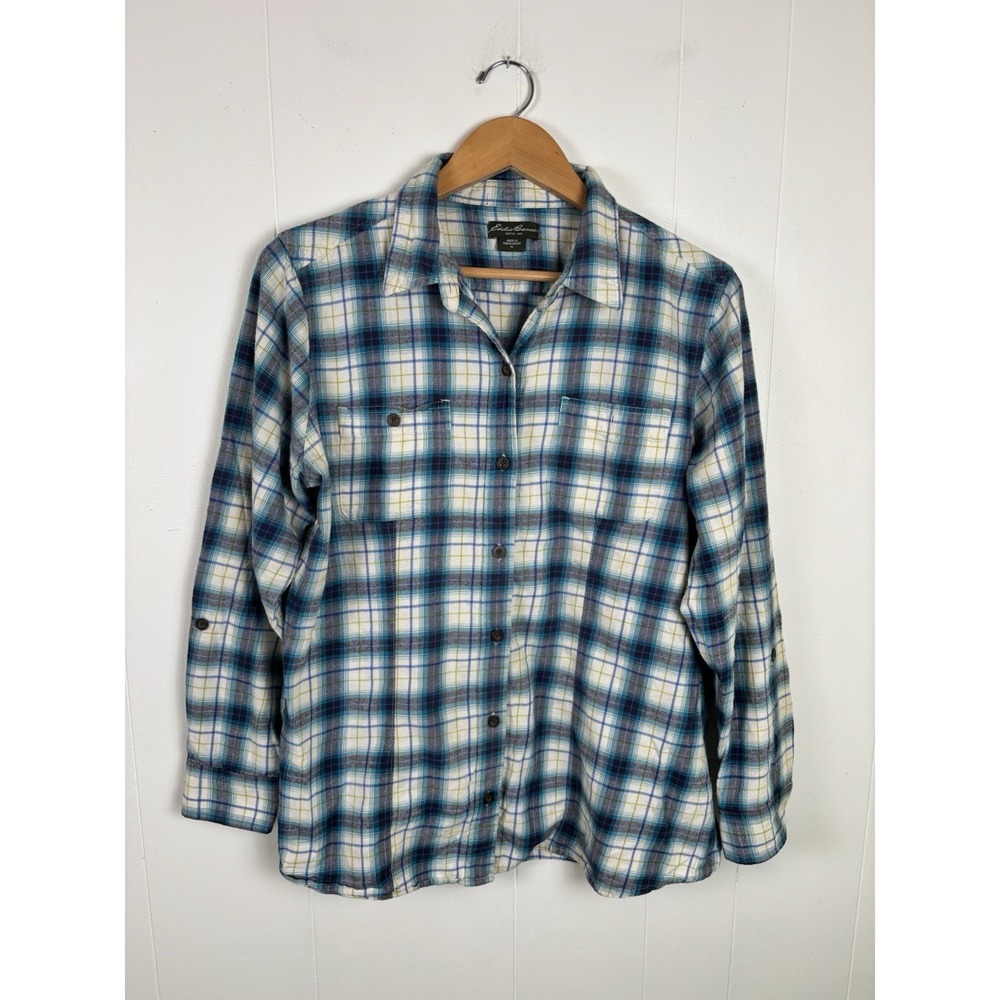 Eddie‎ Bauer Women's XL Classic Fit Blue Plaid Button Down Shirt Roll Tab Sleeve